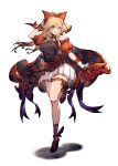  1girl arm_up bangs black_footwear blonde_hair breasts brown_eyes brown_shirt cape character_request final_fantasy final_fantasy_brave_exvius gloves highres licking_lips long_hair medium_breasts official_art shirt simple_background skirt solo standing standing_on_one_leg tongue tongue_out war_of_the_visions:_final_fantasy_brave_exvius white_background white_gloves white_skirt 