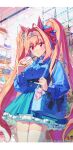  1girl absurdres animal_ears artist_name bag bag_charm bangs blue_bow blue_bowtie blue_dress blue_shirt blush bow bowtie breasts brown_hair bubble_tea candy ceiling_light charm_(object) collared_shirt cup daiwa_scarlet_(umamusume) dated disposable_cup dress drinking_straw food hair_intakes handbag highres holding holding_cup horse_ears horse_girl horse_tail lollipop long_hair long_sleeves looking_at_viewer medium_breasts parted_lips petticoat pinafore_dress r49uk red_eyes shirt shoulder_bag solo standing tail thighhighs tiara twintails umamusume white_legwear window zettai_ryouiki 