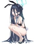  1girl :d absurdres animal_ears areola_slip arisu_(blue_archive) bangs bare_legs black_footwear black_hair black_hairband black_leotard blue_archive blue_eyes blue_necktie breasts character_request collar copyright_request detached_collar fake_animal_ears flying_sweatdrops gmatogachi hair_between_eyes hair_censor hairband high_heels highres legs leotard light_blush long_bangs long_hair necktie one_side_up open_mouth playboy_bunny pumps shiny shiny_clothes shiny_footwear simple_background small_breasts smile solo squatting strapless strapless_leotard sweatdrop thighs very_long_hair w white_background white_collar wing_collar wrist_cuffs 
