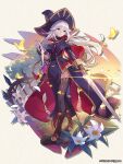  1girl boots breasts brown_footwear bug butterfly cape dragalia_lost dress fence floating_cape flower full_body glint grace_(dragalia_lost) grave hair_between_eyes hat holding holding_sword holding_weapon large_breasts lily_(flower) long_hair mask mask_removed official_art petals side_slit sunset sword thighhighs tree vial weapon witch_hat yellow_eyes 
