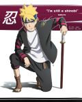  1boy black_jacket black_pants blonde_hair blue_eyes boruto:_naruto_next_generations character_name closed_mouth copyright_name full_body hand_on_hilt headband highres jacket long_sleeves looking_at_viewer male_focus naruto_(series) one_knee open_clothes open_jacket pants scar scar_across_eye sheath sheathed shirt short_hair solo spiked_hair uzumaki_boruto white_shirt yo_1998 