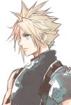  1boy armor bangs blonde_hair blue_eyes cloud_strife earrings final_fantasy final_fantasy_vii final_fantasy_vii_remake highres ito_noizi jewelry parted_bangs shirt short_hair shoulder_armor single_earring sleeveless sleeveless_shirt sleeveless_turtleneck solo spiked_hair suspenders turtleneck upper_body white_background 