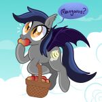  basket bat_pony bat_wings blue_hair blue_tail container cutie_mark ear_tuft equid eyelashes fan_character fangs female feral flying food fruit goreharvest grey_body hair hasbro hi_res holding_food holding_object mammal mango membrane_(anatomy) membranous_wings my_little_pony plant pupils purple_wings slit_pupils smile tuft wings yellow_eyes 
