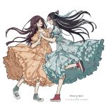  2girls artist_name bangs black_hair blush character_name criis-chan danganronpa_(series) danganronpa_2:_goodbye_despair dress eye_contact eyebrows_visible_through_hair from_side full_body green_footwear hair_horns holding_hands long_hair looking_at_another mioda_ibuki multicolored_hair multiple_girls open_mouth orange_dress puffy_short_sleeves puffy_sleeves red_footwear short_sleeves smile teeth tsumiki_mikan upper_teeth white_hair 