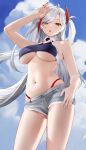  1girl :o arm_up azur_lane bare_arms bikini bikini_under_clothes breasts brown_eyes closed_mouth cowboy_shot hand_on_own_head large_breasts light_blush long_hair looking_at_viewer multicolored_hair navel open_mouth preview_(preview0) prinz_eugen_(azur_lane) prinz_eugen_(final_lap)_(azur_lane) red_bikini red_hair short_shorts shorts sky solo stomach streaked_hair swimsuit thighs twintails two-tone_hair underboob white_hair 