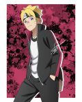  1boy black_jacket black_pants blonde_hair blue_eyes border boruto:_naruto_next_generations closed_mouth crown hand_in_pocket headband highres jacket long_sleeves looking_at_viewer male_focus naruto_(series) open_clothes open_jacket outside_border pants shirt short_hair signature solo uzumaki_boruto white_border white_shirt yo_1998 