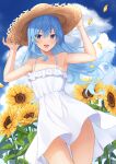  1girl :d alternate_costume armpits arms_up bangs bare_arms bare_shoulders blue_eyes blue_hair blue_sky cloud collarbone commentary cowboy_shot dress dutch_angle flat_chest floating_hair flower frills hair_between_eyes hat highres hololive hoshimachi_suisei leaf long_hair open_mouth outdoors petals sky smile solo spaghetti_strap star_(symbol) star_in_eye straw_hat sun_hat sundress sunflower sunflower_petals symbol_in_eye terry_(pixiv3274443) thighs virtual_youtuber wavy_hair white_dress wind wind_lift yellow_flower 