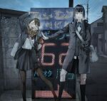  2girls absurdres annoyed arm_up bag bandaged_leg bandages bangs black_hair black_legwear blue_bow blue_bowtie blue_jacket bow bowtie breath clenched_teeth closed_eyes collared_shirt commentary_request dress_shirt gas_station hand_in_pocket height_difference highres jacket kento_matsuura long_hair looking_to_the_side multiple_girls open_mouth original outdoors outstretched_arm pantyhose pleated_skirt red_bow red_bowtie scarf school_bag school_uniform shirt shirt_tucked_in sign skirt standing teeth utility_pole vest white_shirt 