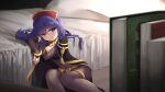  bed blue_eyes blue_hair blurry bodystocking bookshelf breasts bridal_gauntlets cape cleavage cosplay covered_navel depth_of_field eyebrows_visible_through_hair fire_emblem fire_emblem:_the_binding_blade fire_emblem_awakening hat highres lilina_(fire_emblem) looking_at_viewer oren_(770len) pillow reclining skin_tight smile tharja_(fire_emblem) tharja_(fire_emblem)_(cosplay) 