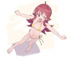  1girl ;d barefoot bikini breasts clenched_hands collarbone fluidlily gold_bikini gold_swimsuit idolmaster idolmaster_shiny_colors komiya_kaho looking_at_viewer micro_bikini navel one_eye_closed outstretched_arms red_eyes red_hair shiny_swimsuit side-tie_bikini simple_background small_breasts smile solo swimsuit v-shaped_eyebrows yellow_bikini 