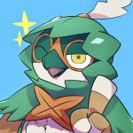  blue_background commentary_request decidueye highres looking_at_viewer no_humans one_eye_closed pkpokopoko3 pokemon pokemon_(creature) red_pupils second-party_source simple_background solo sparkle upper_body yellow_eyes 