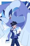  1boy :d black_hair blue_jacket border clenched_hand commentary_request ethan_(pokemon) fingerless_gloves gloves goggles goggles_on_head grey_gloves highres jacket looking_at_viewer lugia male_focus official_alternate_costume open_clothes open_jacket open_mouth pants pointing pokemon pokemon_(creature) pokemon_(game) pokemon_masters_ex scarf shirt short_hair smile tongue tyako_089 white_border white_scarf white_shirt 