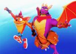 activision aged_up anthro anthrofied bandicoot claws clothed clothing crash_bandicoot crash_bandicoot_(series) dragon duo footwear green_eyes hi_res horn male malicekira mammal marsupial membrane_(anatomy) membranous_wings purple_body scalie spyro spyro_the_dragon video_games western_dragon wings 