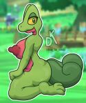  absurd_res anthro big_breasts big_nipples breasts desq_loq_conejo female green_body hi_res kneeling looking_at_viewer nintendo nipples outside pinup pok&eacute;mon pok&eacute;mon_(species) pose solo thick_tail thick_thighs treecko video_games 