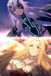  2girls aurora_(fate) bangs bare_shoulders black_panties blonde_hair blood blue_sky body_markings breasts brown_eyes butterfly_wings character_name cleavage collarbone dress echo_(circa) fairy fairy_knight_lancelot_(fate) fairy_knight_lancelot_(third_ascension)_(fate) fate/grand_order fate_(series) forked_eyebrows large_breasts long_hair multiple_girls panties parted_bangs revealing_clothes sidelocks sky small_breasts smile underwear very_long_hair white_dress white_hair wings 