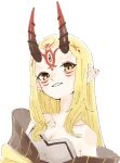  1girl bare_shoulders blonde_hair breasts facial_mark fate/grand_order fate_(series) forehead_mark gradient_horns grin highres horns ibaraki_douji_(fate) japanese_clothes kimono long_hair looking_at_viewer multicolored_horns off_shoulder oni oni_horns pointy_ears sharp_teeth simple_background sketch small_breasts smile solo tattoo teeth tenoo12 white_background yellow_eyes 