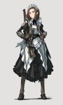  1girl absurdres apron armor asterisk_kome boots bow brown_hair gloves greaves green_eyes gun highres holster holstered_weapon maid maid_apron maid_headdress medal original rifle rifle_on_back scabbard sheath short_hair solo sword weapon 