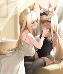  2girls animal_ear_fluff animal_ears bare_arms bare_shoulders black_bow black_dress blonde_hair blue_eyes bow breasts closed_mouth commentary_request curtains dark-skinned_female dark_skin dress feet_out_of_frame fox_ears fox_girl fox_tail grey_legwear hair_bow highres long_hair medium_breasts multiple_girls nail_polish nekomu original profile red_eyes red_nails short_eyebrows sitting smile sundress tail tail_through_clothes thick_eyebrows thighhighs transparent very_long_hair white_dress yuri 