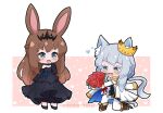  2girls :d alternate_costume amiya_(arknights) animal_ear_fluff animal_ears arknights bangs black_dress black_footwear black_gloves black_vest blue_eyes blue_flower blush boots bouquet bow bowtie breasts brown_footwear brown_hair cat_ears cat_girl cat_tail cleavage colored_eyelashes crown dress elbow_gloves epaulettes eyebrows_visible_through_hair fang flower gloves green_eyes grey_hair hair_down headpiece heart holding holding_bouquet jacket jacket_on_shoulders kurotofu long_hair low_ponytail multiple_girls one_knee pants pink_background ponytail rabbit_ears red_flower red_rose rose rosmontis_(arknights) sheath sheathed shirt shoes small_breasts smile strapless strapless_dress sword tail tilted_headwear twitter_username two-tone_background very_long_hair vest weapon white_background white_bow white_bowtie white_jacket white_pants white_shirt 