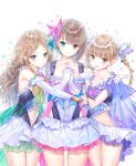 3girls :d absurdres bangs blue_eyes blue_reflection bow braid breasts brown_eyes brown_hair cleavage collarbone cowboy_shot eyebrows_visible_through_hair flower frills girl_sandwich gloves hair_bow hair_flower hair_ornament hands_on_another&#039;s_shoulder heterochromia highres jewelry kishida_mel looking_at_viewer multiple_girls navel necklace official_art own_hands_together sandwiched shijou_raimu shijou_yuzuki shirai_hinako short_hair small_breasts smile twin_braids wavy_hair 