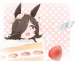  !? 1girl blush brown_hair chibi emphasis_lines food fork fruit glint hair_over_one_eye hairband horse_tail in_food morita_(mofuball319) nose_blush purple_eyes raised_eyebrows rice_shower_(umamusume) strawberry strawberry_shortcake sweat tail tearing_up trembling umamusume 