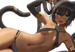  1girl animal_ears ankh bare_shoulders bikini black_hair breasts cat_ears commentary crossed_arms dark-skinned_female dark_skin egyptian eyes_visible_through_hair green_eyes hair_ornament highres long_hair looking_at_viewer mathew_(srmmk_mce) navel open_mouth simple_background small_breasts smile solo sweat swimsuit symbol-only_commentary tail tsurime twintails white_background 