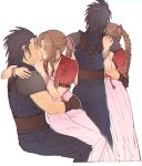  1boy 1girl aerith_gainsborough armor black_hair bracelet braid braided_ponytail breasts brown_hair choker cleavage closed_eyes couple dress final_fantasy final_fantasy_vii final_fantasy_vii_remake gloves hair_ribbon hug jacket jewelry kiss long_hair perlmuttt pink_dress red_jacket ribbon shoulder_armor sitting sitting_on_lap sitting_on_person sleeveless sleeveless_turtleneck small_breasts spiked_hair standing turtleneck white_background zack_fair 