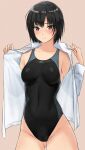  1girl amagami ass_visible_through_thighs bangs black_hair black_swimsuit blue_swimsuit blush breasts brown_background brown_eyes closed_eyes collarbone commentary competition_swimsuit cowboy_shot dress_shirt groin hair_between_eyes highres looking_at_viewer medium_breasts nanasaki_ai one-piece_swimsuit open_clothes open_shirt opened_by_self raised_eyebrows shirt short_hair simple_background smile solo swimsuit swimsuit_under_clothes two-tone_swimsuit w_arms white_shirt yoo_tenchi 