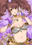  1girl arabian_clothes azukiko bandeau bracelet breasts bridal_gauntlets brown_hair choker cleavage dancer dangle_earrings earrings fingernails gold_choker hand_up harem_outfit jewelry kujikawa_rise large_breasts lips long_hair looking_at_viewer nail_polish navel necklace official_alternate_costume parted_lips persona persona_4 persona_4:_dancing_all_night pink_nails polka_dot polka_dot_background solo twintails 