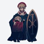  alternate_costume axis_powers_hetalia brother_and_sister cape child clinging female_child fermium.ice hair_ornament hairpin hat highres looking_at_viewer looking_back male_child medieval russia_(hetalia) shield siblings simple_background ukraine_(hetalia) younger 