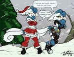  2018 2_tails anthro belt belt_pouch bethesda_softworks blue_hair blue_markings boots bottomwear breasts caitlyn_(swordfox) christmas christmas_clothing christmas_headwear christmas_lingerie cleavage clenched_teeth clothed clothing cold damaged_clothing dead_tree duo ear_scar english_text evergreen_tree exposed_thighs facial_scar fallout fallout:_pca felid feline female flat_colors folded_ears footwear fur gloves_(marking) grey_sky hair hat headgear headwear hi_res holidays idena_(swordfox) inkwell-pony inkwell_pony knee_pads leg_armor leg_markings leg_scar leg_strap legwear lingerie long_sleeve_gloves mammal markings meowstic midriff motion_lines mountain multi_tail muniversalarts nintendo pantyhose pine_tree plant pok&eacute;mon pok&eacute;mon_(species) pok&eacute;morph red_eyes santa_hat scar shaded_background shaking shivering shoulder_armor signature skirt snow snowstorm socks_(marking) speech_bubble steel-toe_boots story story_in_description teeth teeth_showing text tree vault_suit video_games white_body white_fur wrist_bracers yellow_sclera 