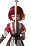  1girl arcturus bangs brown_gloves closed_eyes commentary cowboy_shot dokomon dress gloves highres holding holding_sword holding_weapon korean_commentary maria_kates red_dress red_hair short_hair short_sleeves simple_background solo sword weapon white_background 