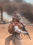  anthro backback bulletproof_vest canid canine canis city cityscape clothing desert digital_media_(artwork) eyewear fire gloves goggles gun handwear harness hi_res jumpsuit kalashnikov logo looking_at_viewer male mammal marsonaut oil_rig ranged_weapon rifle shemagh solo tactical_gear vehicle weapon wolf 