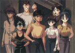  1990s_(style) 2girls 5boys bangs black_eyes botan_(yu_yu_hakusho) casual chinese_clothes clenched_hand cowboy_shot denim expressionless facial_mark forehead_mark grin hand_in_pocket hand_on_hip hands_in_pockets headband hiei_(yu_yu_hakusho) high_ponytail highres jeans kurama_(yu_yu_hakusho) kuwabara_kazuma limited_palette long_hair looking_at_viewer multiple_boys multiple_girls non-web_source official_art pacifier pants red_eyes retro_artstyle scan serious shirt_tucked_in short_hair sleeves_rolled_up smile standing tangzhuang tank_top urameshi_yusuke youko_kurama yu_yu_hakusho yukimura_keiko 