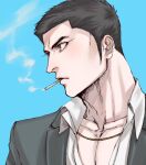  1boy aqua_background black_hair black_jacket brown_eyes cigarette coco_(h221414) collarbone collared_shirt commentary_request jacket jewelry kiryuu_kazuma looking_to_the_side manly necklace ryuu_ga_gotoku ryuu_ga_gotoku_0 shirt sideburns smoking upper_body white_shirt yakuza younger 