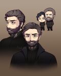  &lt;o&gt;_&lt;o&gt; 2boys :&lt; beard black_coat black_eyes black_hair black_pants black_shirt brown_background brown_hair chibi closed_mouth coat commentary_request dune_(2021_movie) dune_(series) facial_hair father_and_son highres kim_rodel korean_commentary leto_atreides looking_at_viewer multiple_boys multiple_views pants paul_atreides shirt short_hair smile upper_body 