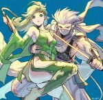  1boy 1girl arm_around_waist armor ass asymmetrical_hair belt blue_background blue_eyes boots breasts circlet cleavage detached_sleeves earrings edward_geraldine final_fantasy final_fantasy_iv green_eyes green_hair grey_scarf hand_on_another&#039;s_waist high_heel_boots high_heels highres holding holding_sword holding_weapon jewelry mask medium_breasts medium_hair mouth_mask muscular muscular_male nanpou_(nanpou0021) parted_lips pectorals rydia_(ff4) scarf short_hair shoulder_armor spiked_hair sword weapon white_hair wide_sleeves 