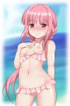  1girl bangs bikini_pull blunt_bangs blush braid breasts clothes_pull highres kokubo long_hair looking_at_viewer magia_record:_mahou_shoujo_madoka_magica_gaiden mahou_shoujo_madoka_magica nipples pink_eyes pink_hair sidelocks small_breasts solo tamaki_iroha 