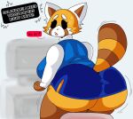  aggressive_retsuko ailurid anthro big_breasts big_butt black_eyes bottomwear breasts butt clothing dress_shirt english_text exclamation_point female hi_res huge_butt lewd_dorky looking_at_viewer looking_back mammal markings multicolored_body offscreen_character open_mouth red_panda retsuko sanrio shirt skirt solo speech_bubble striped_markings striped_tail stripes tail_markings text thick_thighs topwear undershirt 