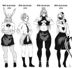  abs absurdres animal_ears biceps boku_no_hero_academia bow bowtie clenched_hands crossed_arms dark_skin english_text fate_(series) flexing fuuma_kotarou_(tenkaichi) gloves hair_bun hair_ornament hand_on_hip highres kaijin_hime_do-s long_hair mask mirko mordred_(fate) multiple_girls muscular muscular_female one-punch_man ponytail pose rabbit_ears sandals school_uniform skirt speedl00ver tenkaichi_nihon_saikyou_bugeisha_ketteisen thighhighs whip 