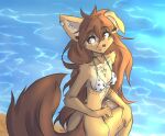  anthro apogee_(tinygaypirate) arm_tuft beach bikini black_nose breasts brown_body brown_eyes brown_fur brown_hair butt canid canine canis cheek_tuft cleavage clothed clothing cowlick domestic_dog ear_piercing elbow_tuft eyebrow_through_hair eyebrows eyelashes facial_markings facial_piercing facial_tuft female floppy_ears fur furgonomics furry-specific_piercing gauged_ear hair head_markings hi_res inner_ear_fluff long_hair looking_back mammal markings messy_hair mottled mottled_nose muzzle_piercing nose_piercing outside piercing pink_nose seaside sitting slim small_breasts smile solo spitz swimwear tinygaypirate translucent translucent_hair tuft water 