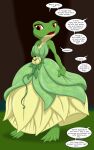  after_transformation amphibian anthro barefoot blush breasts brown_eyes clothed clothing disney disney_princess dress eyelashes feet female feral frog green_body green_clothing hand_on_breast hi_res lily_pad membrane_(anatomy) plant princess princess_tiana royalty runningtoaster solo standing surprise surprised_expression swamp the_princess_and_the_frog transformation webbed_feet wedding wedding_dress 