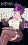  bat_wings breasts cleavage cup hair_ornament highres office_lady on_head papers pen pencil_skirt peritotoo purple_hair skirt star_(symbol) star_hair_ornament suit_jacket thighhighs wings 