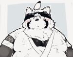  2022 anthro belly big_belly blush canid canine jinbei_(clothing) kemono lifewonders live-a-hero male mammal overweight overweight_male raccoon_dog shoen simple_background solo tanuki torausimuma7 video_games 