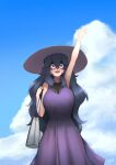  1girl :d @_@ absurdres alternate_breast_size arm_up bag bangs bare_arms bare_shoulders black_hair blue_eyes blue_sky breasts cloud commentary dress hair_between_eyes hat hex_maniac_(pokemon) highres john_(a2556349) large_breasts long_dress long_hair looking_at_viewer open_mouth pokemon pokemon_(game) pokemon_xy purple_dress signature sky sleeveless sleeveless_dress smile solo sun_hat very_long_hair wavy_hair 