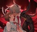  2boys animal_ears ascot bangs black_cape black_jacket blue_eyes brown_eyes brown_hair cape cat_ears closed_mouth collared_shirt erune eustace_(granblue_fantasy) eustace_(halloween)_(granblue_fantasy) eye_contact fake_animal_ears gran_(granblue_fantasy) granblue_fantasy grey_vest halloween_costume highres jacket lalatia-meai looking_at_another multiple_boys official_alternate_costume rabbit_ears sage_(granblue_fantasy) shirt smile toned toned_male torn_clothes torn_shirt upper_body vampire vampire_costume vest white_hair white_shirt yaoi 