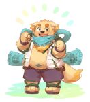  2022 anthro belly big_belly bottomwear canid canine canis clothed clothing cu_sith_(tas) domestic_dog hoodie kemono lifewonders male mammal natamaru_a navel open_clothing open_hoodie open_topwear overweight overweight_male scarf shorts solo tokyo_afterschool_summoners topwear video_games 