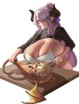  1girl alternate_breast_size apron blue_eyes bottomless breast_focus breasts cleavage clothes_lift cooking creature curvy draph eu03 gigantic_breasts glasses granblue_fantasy hair_over_one_eye highres holding_tail horns huge_breasts jewelry kitchen_knife knife light_purple_hair long_hair narmaya_(granblue_fantasy) nearly_naked_apron no_bra one-eyed pointy_ears ring sagging_breasts smile solo strap_gap sweater sweater_lift table tail veins veiny_breasts very_long_hair wedding_band white_background 