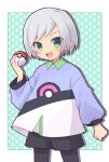  1boy :d bangs black_legwear black_shorts blush border chana_gon collared_shirt commentary_request green_background green_eyes grey_hair hand_up highres holding holding_poke_ball horace_(pokemon) leggings male_focus open_mouth poke_ball poke_ball_(basic) pokemon pokemon_(anime) pokemon_journeys polka_dot polka_dot_background purple_shirt shirt short_hair shorts smile solo teeth tongue upper_teeth white_border 