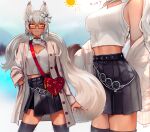  1girl animal_ears bag bangs bare_shoulders belt black_belt black_legwear black_skirt blurry blurry_background breasts buttons choker cleavage_cutout clothing_cutout coat commentary ehrrr english_commentary flower fox_ears fox_girl fox_tail glasses hair_between_eyes hair_flower hair_ornament head_out_of_frame heart-shaped_bag highres hot jewelry long_hair looking_at_viewer low_twintails medium_breasts midriff multiple_views nail_polish orange_eyes original parted_lips pleated_skirt red-framed_eyewear red_nails ring semi-rimless_eyewear shirt shoulder_bag skirt sleeveless sleeveless_shirt smile sweat tail thighhighs twintails twitter_username under-rim_eyewear undressing white_coat white_hair white_shirt x_hair_ornament 